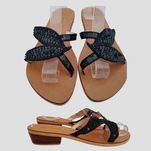 Tropix Sandals Womens Black Bead & Sequin Embellished Slides 1.25" Heel New